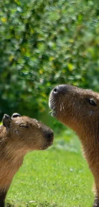 Capybaras enjoying a lush green landscape.