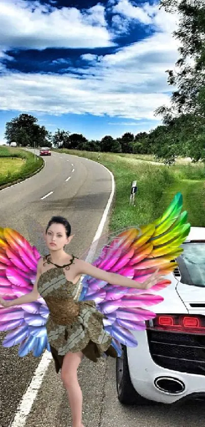 A colorful fairy with a white car on a scenic road.