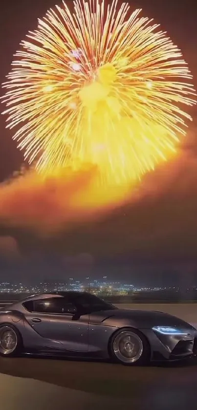 Sleek sports car with fireworks exploding in night sky.