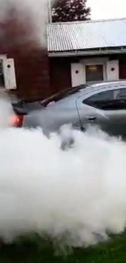 Silver car surrounded by white smoke outside a building.