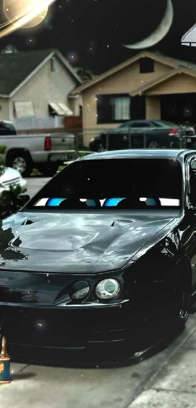 Black car with Saturn and shuttle in suburban street art.