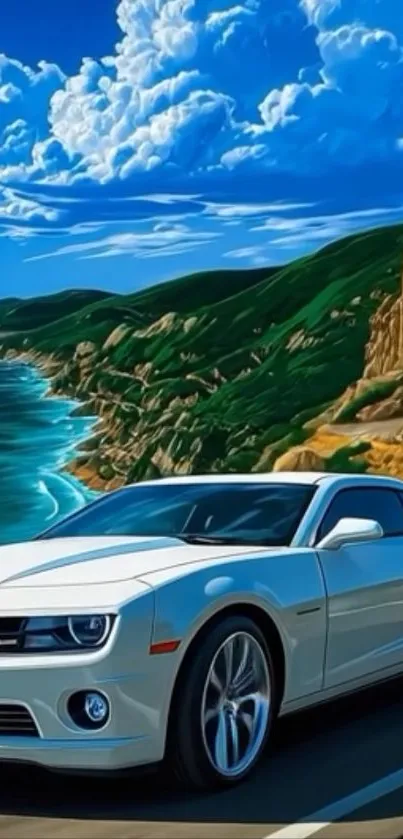 White car on a coastal road with ocean view and mountains.