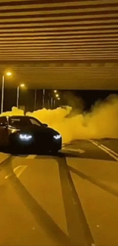 Car drifts under bright lights in an urban night scene, creating a smoky trail.