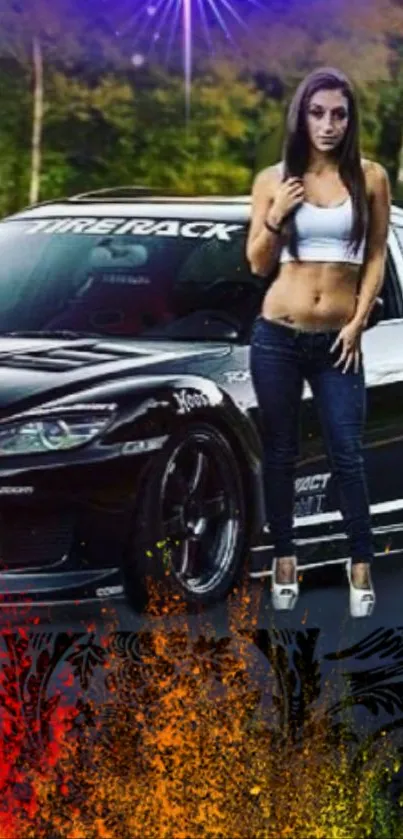 Stylish woman in front of a car with vibrant design elements.