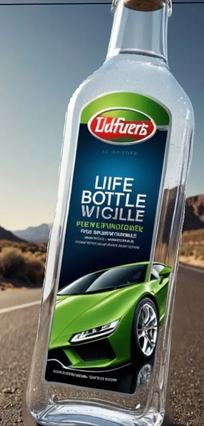 Surreal art featuring a bottle on a desert road with car design.