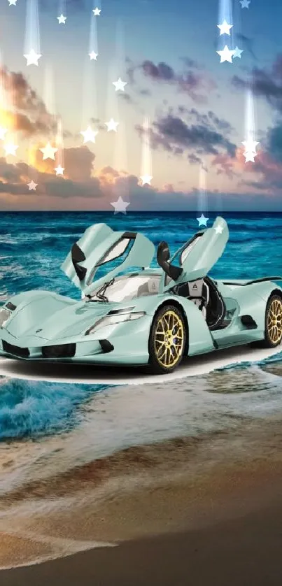 White car parked on a beach at sunset with ocean waves and vibrant sky.