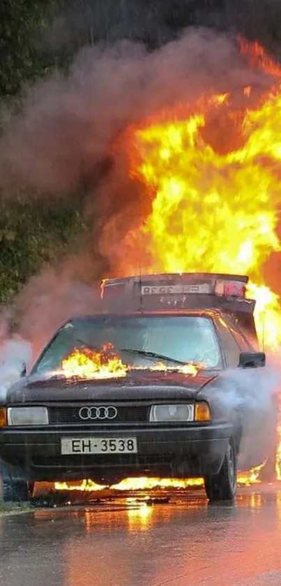 Vintage car blazing in flames on a rainy road with a forest backdrop.