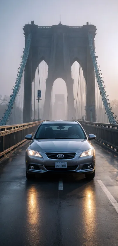 Silver car on a misty bridge at dawn, serene and stylish.