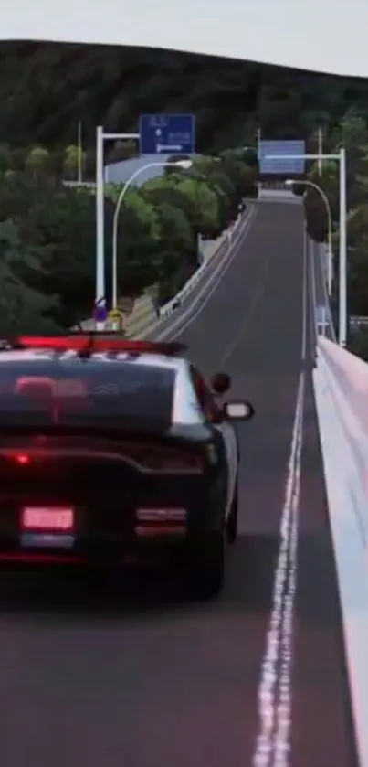 A car drives over a scenic forest bridge.