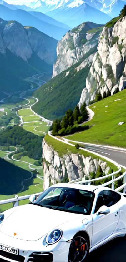 White car on a winding scenic mountain road with lush green landscape.