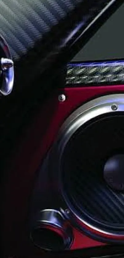 Close-up of car speaker with carbon fiber texture and metallic elements.