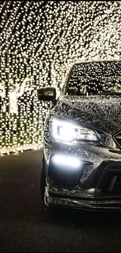 Car under festive lights creating a dazzling effect.