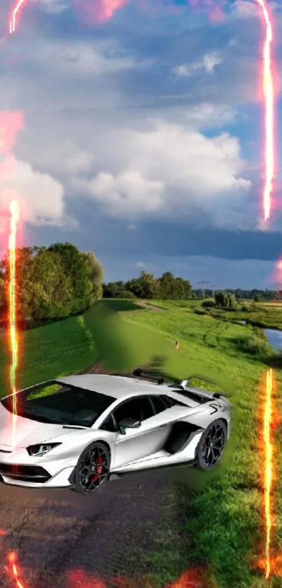 White sports car with fiery background and green landscape.