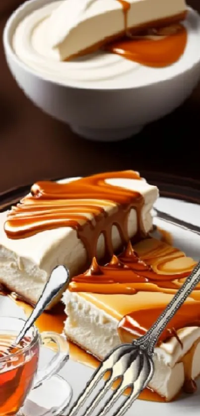 Caramel drizzled cheesecake with creamy swirl in a dessert wallpaper.