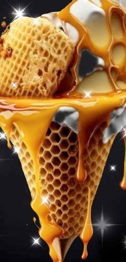 Golden brown caramel-dripping ice cream cone with honeycomb texture.