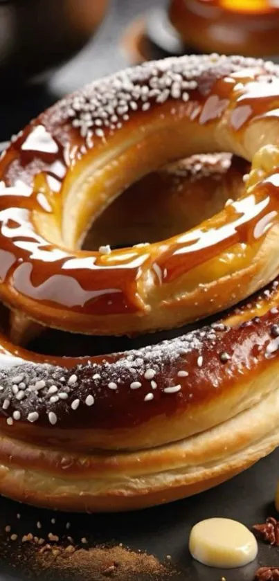 Close-up of caramel glazed pastry with sesame seeds.