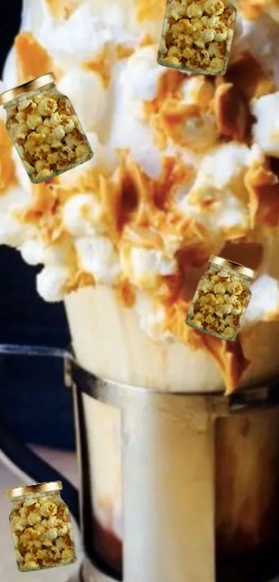 Caramel popcorn milkshake with whipped cream in a glass.