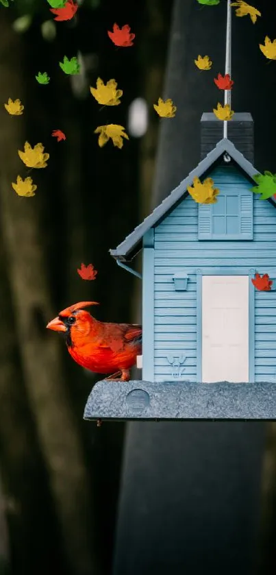 Red cardinal perched on a blue birdhouse with a natural background.