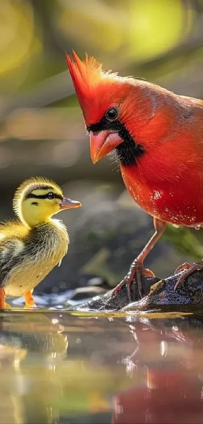 Red cardinal and duckling by the water in nature.