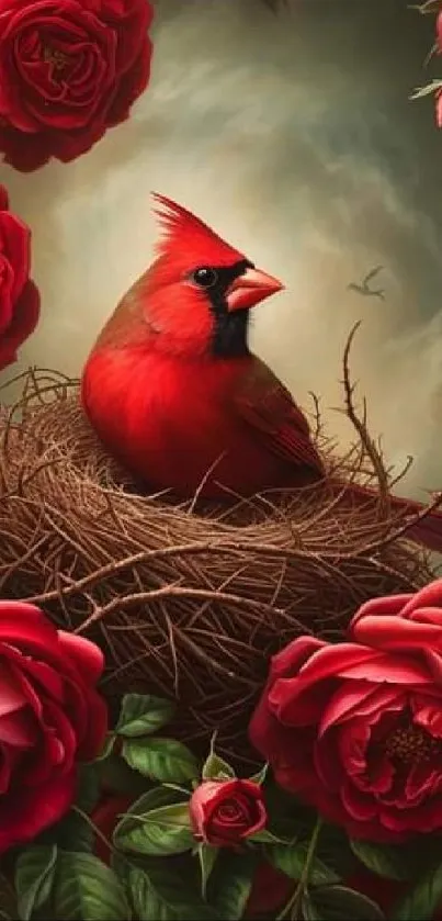 Cardinal bird resting in a nest surrounded by vibrant red roses.