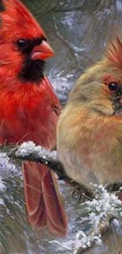 Vibrant cardinals on snowy branches wallpaper.