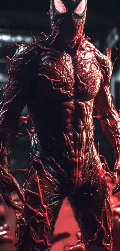 Carnage symbiote character in a vivid red and black mobile wallpaper.