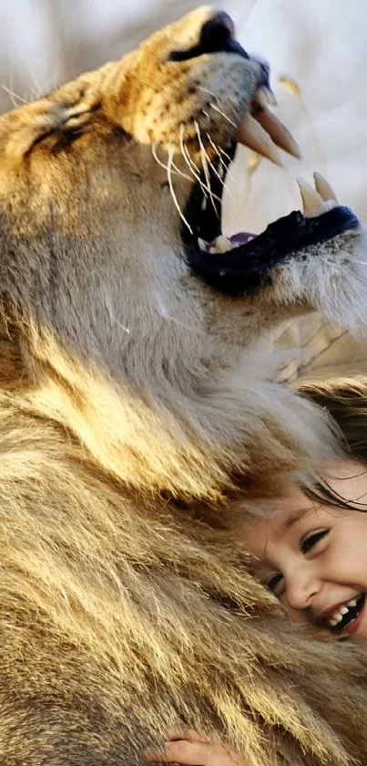 Smiling child with a majestic lion close-up.