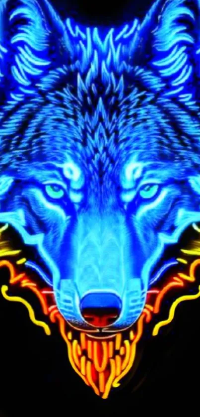 Vibrant neon wolf with blue, yellow hues on a black background.