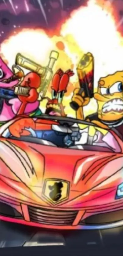 Cartoon characters driving a sports car in an action-filled scene.