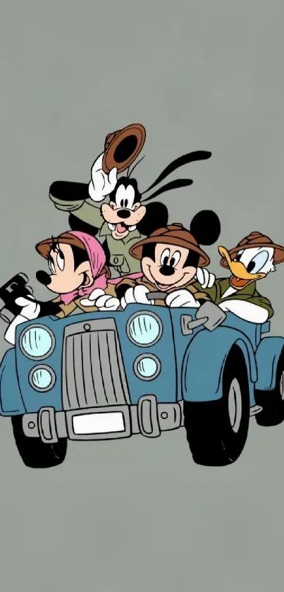 Cartoon characters enjoying a car adventure on a gray background.