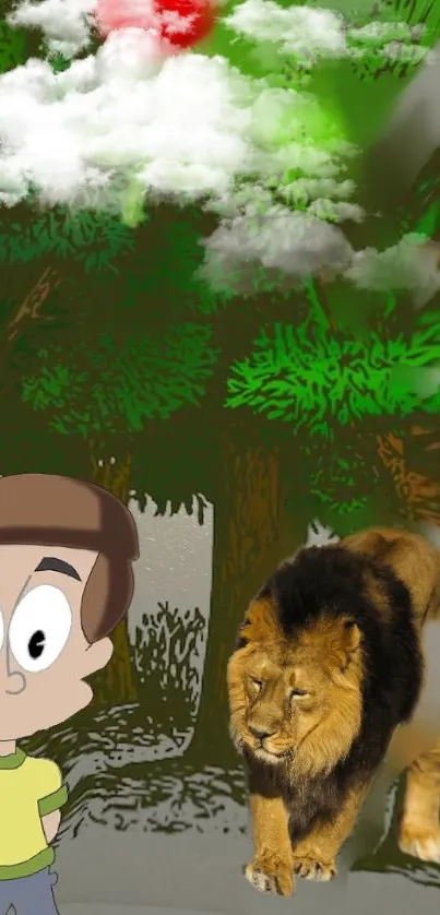 Cartoon forest with lion and green trees wallpaper.