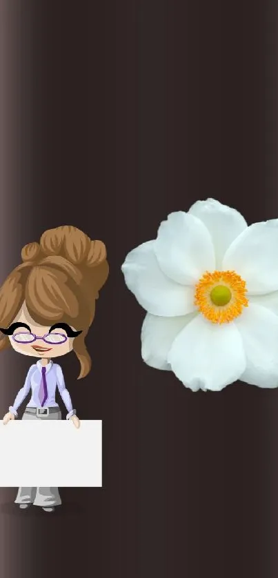 Cartoon character and white flower on dark wallpaper.