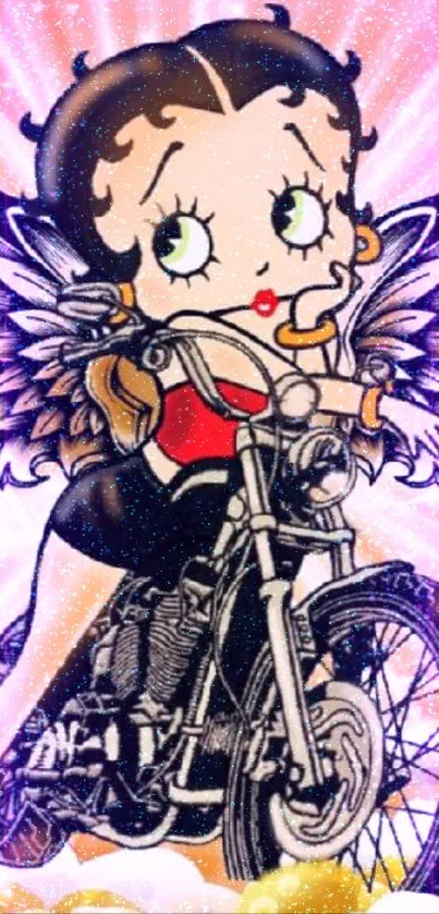 Cartoon angel with wings on motorcycle with pink glow.