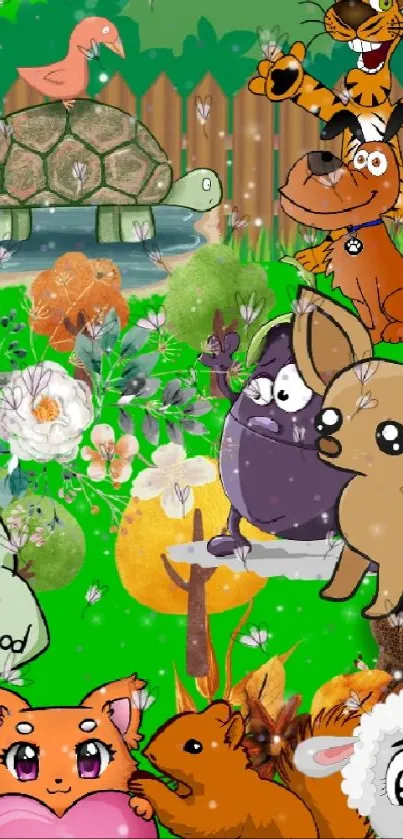 Cartoon animals in a colorful garden scene with vibrant nature elements.