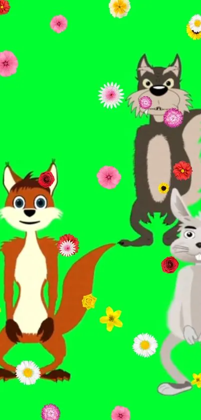 Cartoon animals on a green background with colorful flowers.