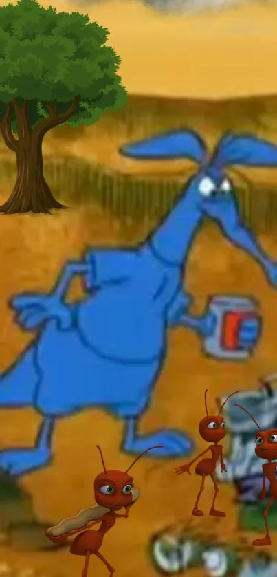 Cartoon aardvark and ants in a colorful animated scene.