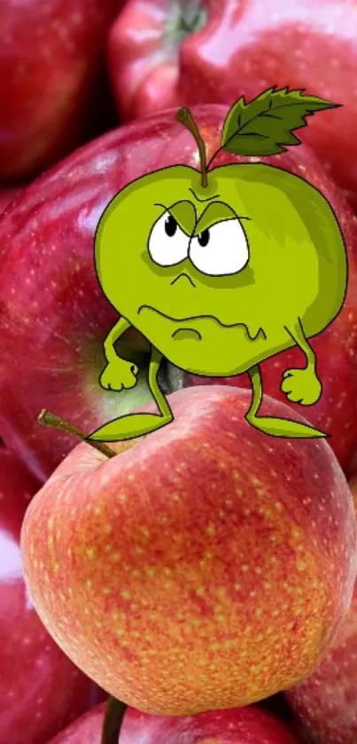 Cartoon green apple on red apples wallpaper.