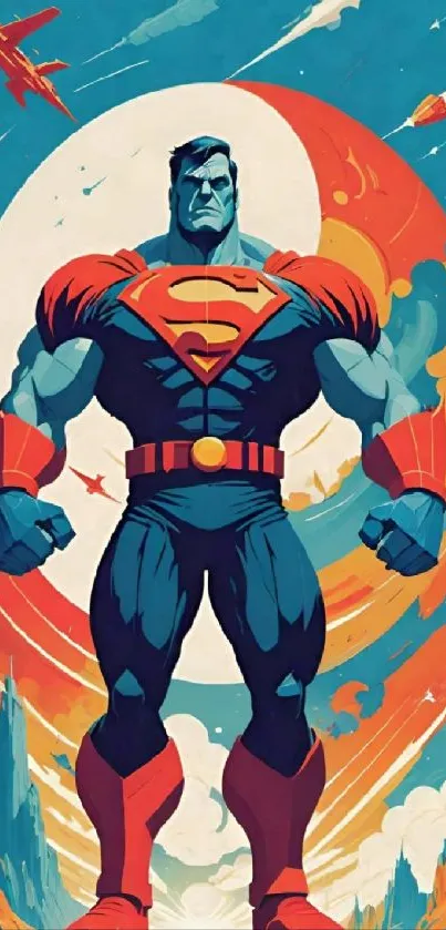 Vibrant superhero standing heroically against a cosmic backdrop.