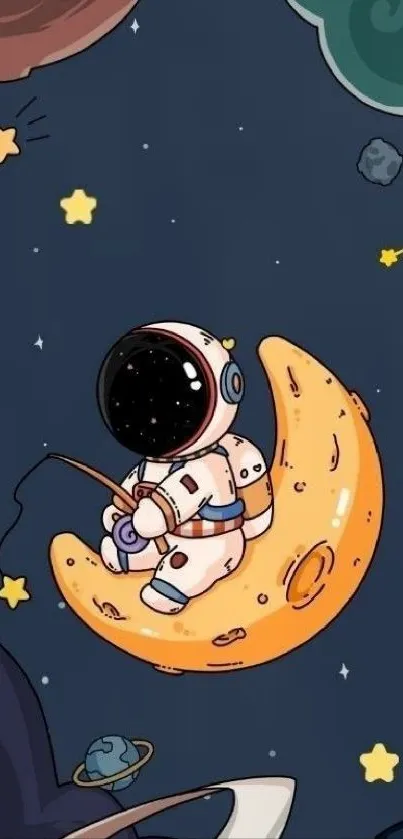 Cartoon astronaut fishing on moon with stars in dark space.