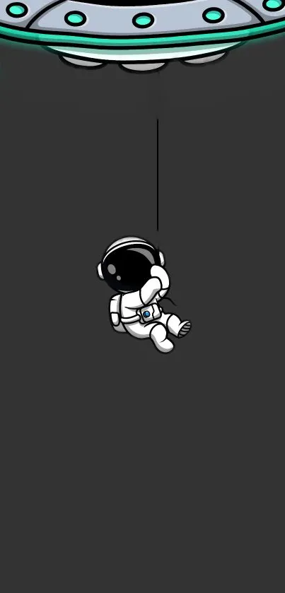 Cartoon astronaut being abducted by a UFO on a dark gray background.