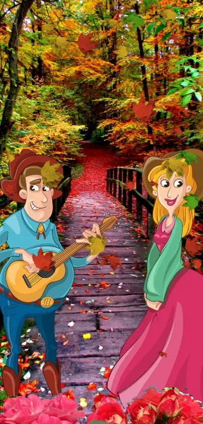 Cartoon characters on an autumn bridge with vibrant fall colors.