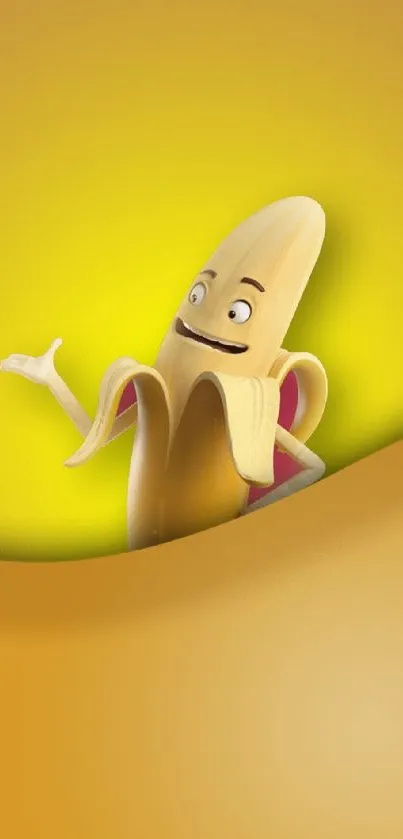 Cheerful animated banana cartoon on vibrant yellow background.