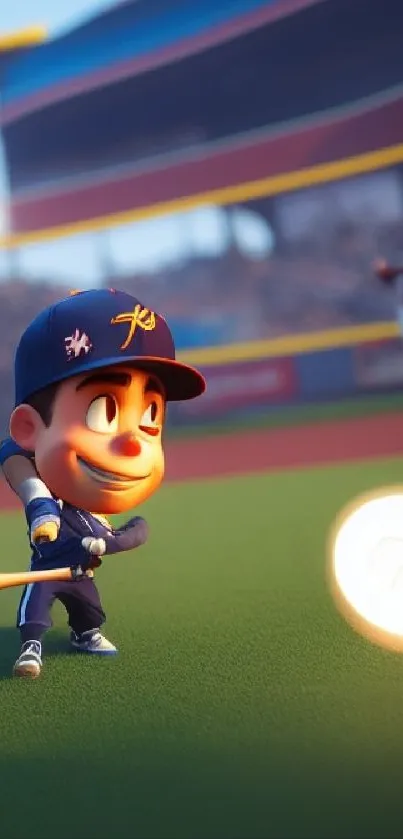 Cartoon baseball player swings bat in vibrant stadium scene.
