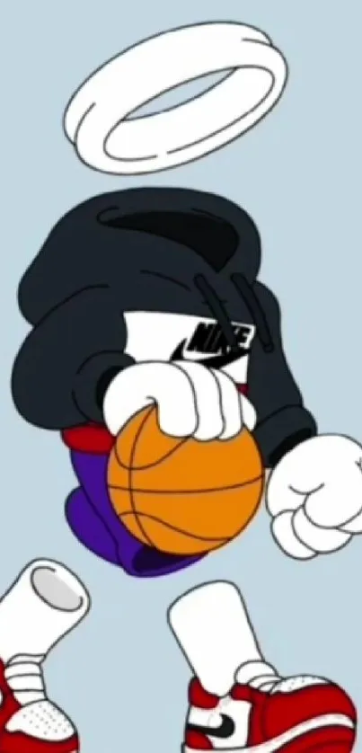 Cartoon character with a halo holding a basketball in sneakers.