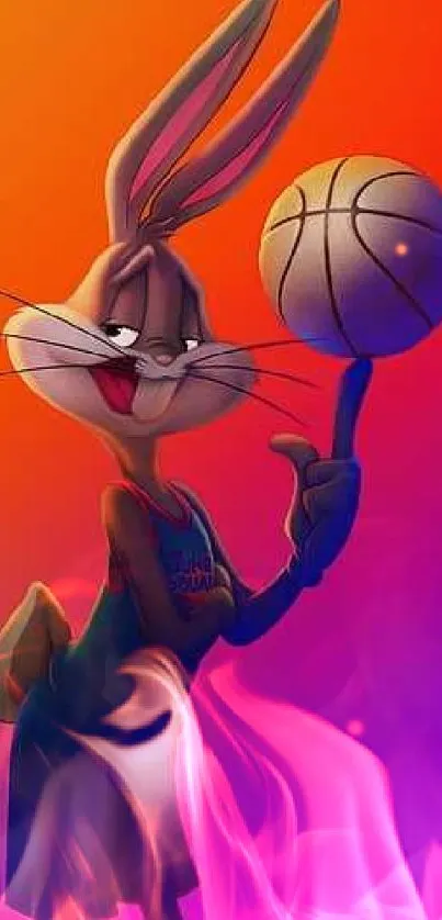 Cartoon character spinning basketball with a colorful background.