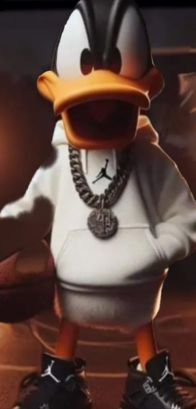 Cartoon character in basketball attire with hoodie and chain.