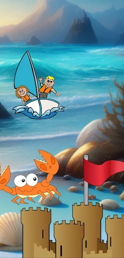 Cartoon beach scene with sailing, crab, and sand castle.