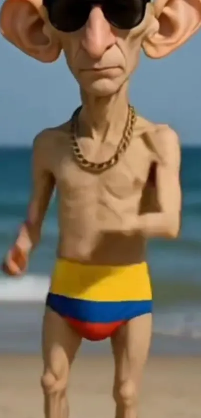 Quirky cartoon character enjoying a beach day.