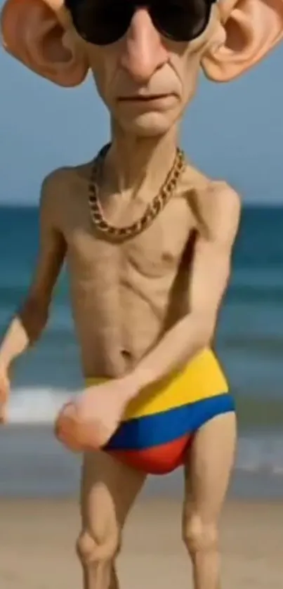 Humorous cartoon character on beach in colorful outfit.