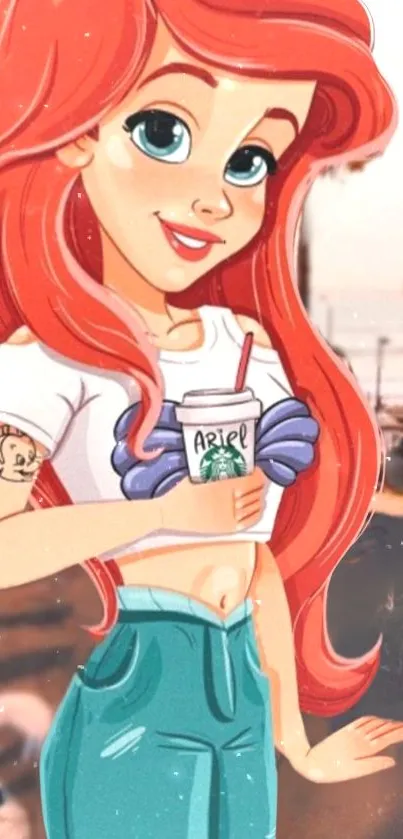 Cartoon character with vibrant hair, holding coffee by the beach.